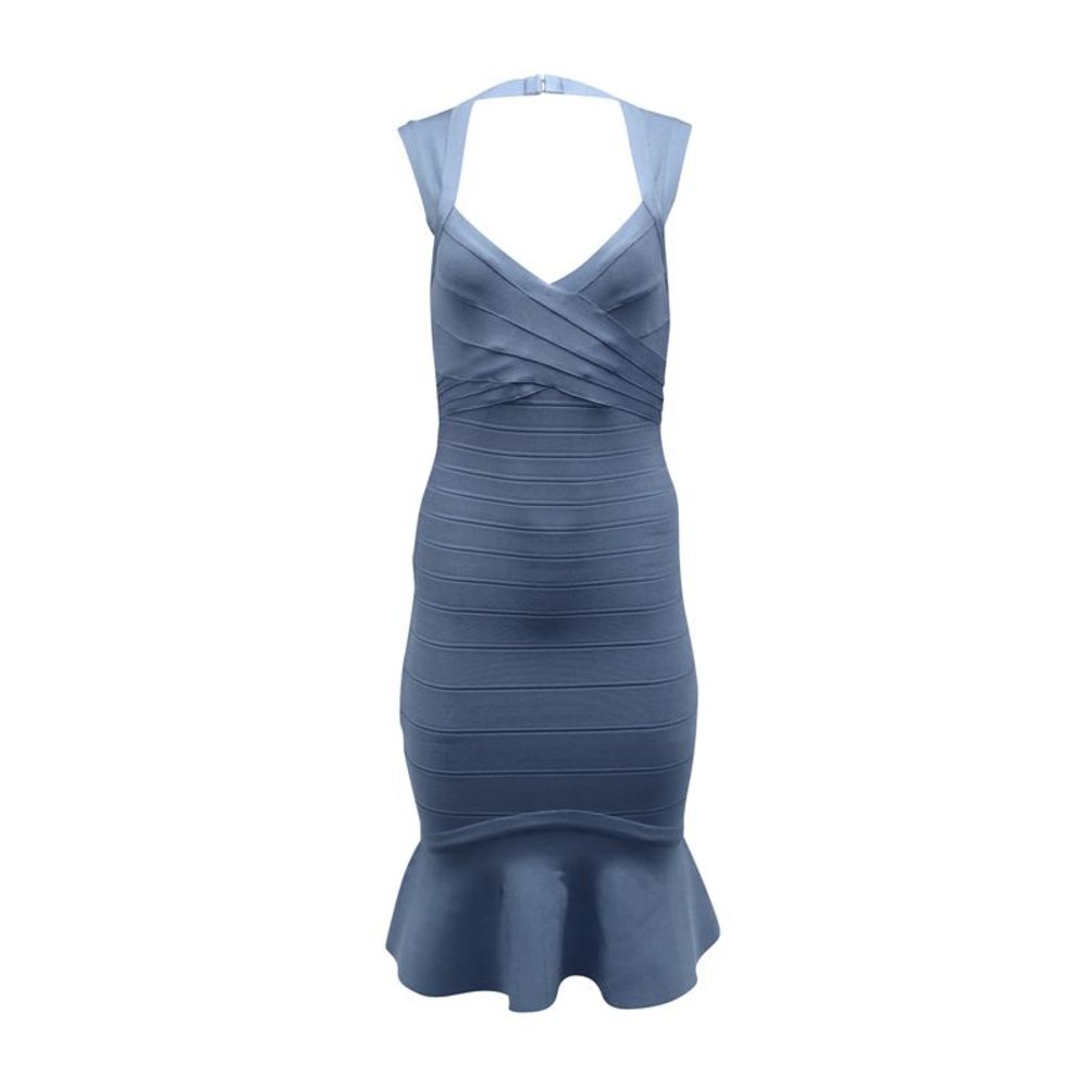 Herve Leger Blue Fitted Bandage Halter Midi Dress